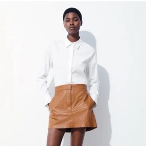 COS ATELIER THE EMBOSSED 100% LEATHER MINI SKIRT BROWN